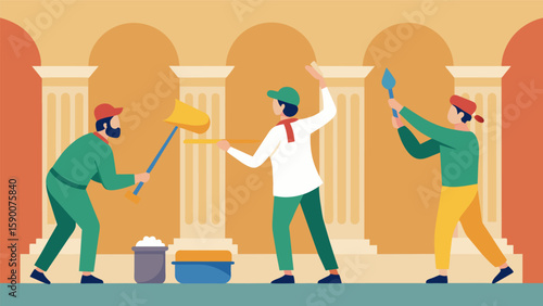 A group of expert plasterers seamlessly blending new plaster with the original on the walls of a historical palace restoring its elegant appearance.. Vector illustration