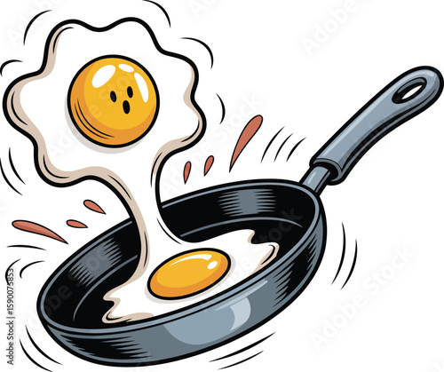 Cartoon Fried Eggs in a Pan Illustration Breakfast Cooking Concept with Comic Style and Transparent Backdrop