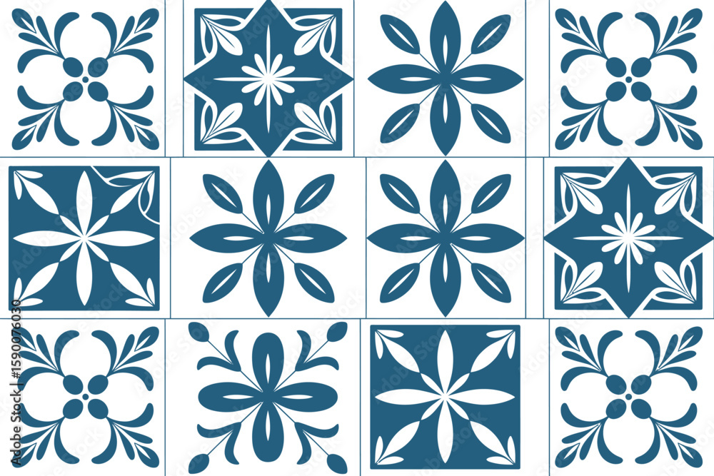 A collection of square tiles featuring floral and geometric designs in blue and cream colors arranged
A collection of square tiles featuring floral and geometric designs in blue and cream colors arranged