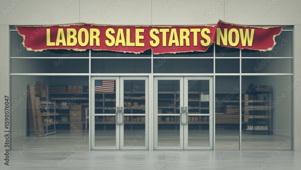 Naklejka premium Torn red banner with yellow text reading labor sale starts now hangs above a store entrance with double glass doors and an american flag displayed inside