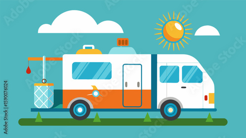 A mobile shower unit providing a muchneeded refresh after a long day of physical labor in the scorching sun.. Vector illustration
