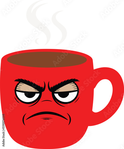 Cartoon Illustration of an Angry Coffee Mug with Steam Emanating from the Top on a Transparent Backdrop
