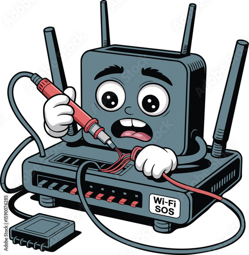Cartoon Router Character with Scared Expression Cutting Cables with Pliers Wi-Fi SOS