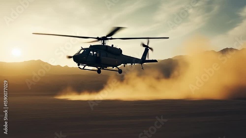 A military helicopter takes off from a dusty desert landscape during sunset. The scene captures the dynamic movement and dust clouds created by the rotor blades.
