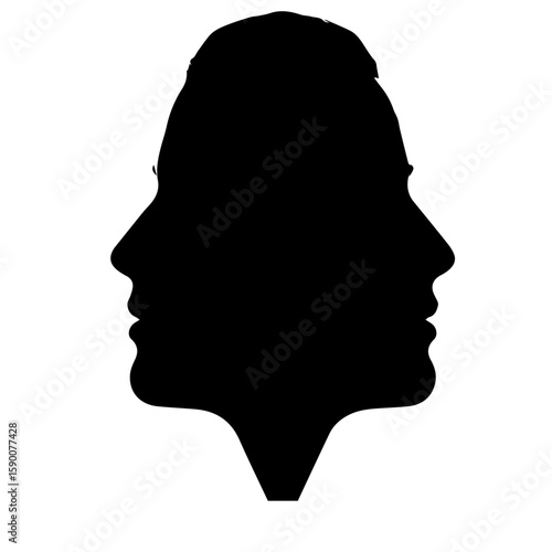 Vector art of a striking black silhouette of two faces in profile, creating an optical illusion of a single shape isolated on transparent background