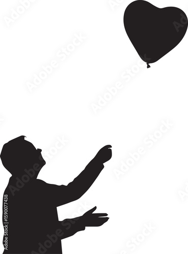 Vector art of silhouette of a man releasing a heartshaped balloon into the sky isolated on transparent background