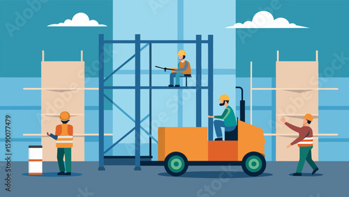 A forklift operator carefully maneuvered a load of drywall sheets through a maze of scaffolding guided by a team of workers.. Vector illustration