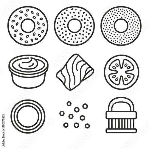 Bagel Brunch Icons. Line style icons of Pretzel Stand Classics: twisted soft pretzel, salted bite, pretzel rod, jalapeño cheese