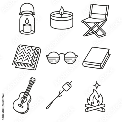 Sunset Picnic Essentials Icons. Line style icons of Sunset Picnic Essentials: lantern jar, citronella candle, folding chair, woven