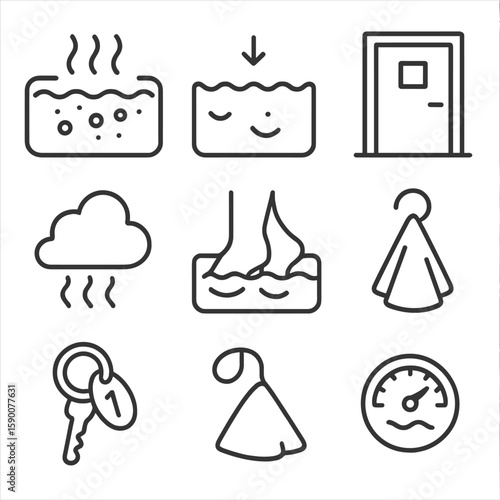 Hydrotherapy Circuit Icons. Line style icons of Post-Treatment Sun Care: mineral SPF stick, wide-brim hat icon, polarized