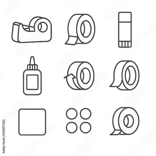 Adhesive Icons Collection. Line style icons of Adhesive & Taping Station: tape dispenser, packing tape roll, glue stick, liquid