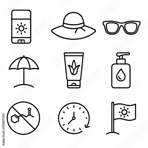 Post-Treatment Sun Care Icons. Line style icons of Post-Treatment Sun Care: mineral SPF stick, wide-brim hat icon, polarized