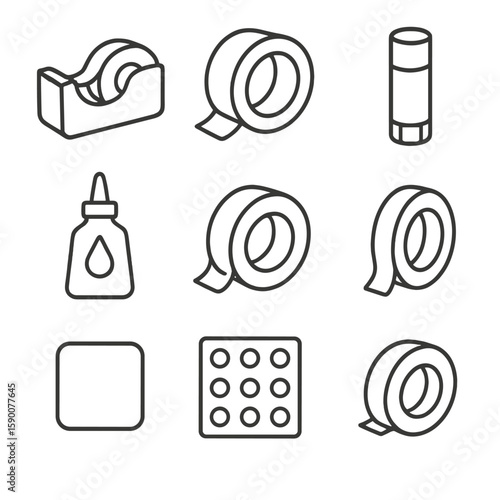 Adhesive Icons Collection. Line style icons of Adhesive & Taping Station: tape dispenser, packing tape roll, glue stick, liquid