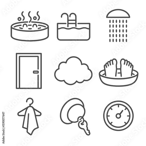 Hydrotherapy Circuit Icons. Line style icons of Post-Treatment Sun Care: mineral SPF stick, wide-brim hat icon, polarized