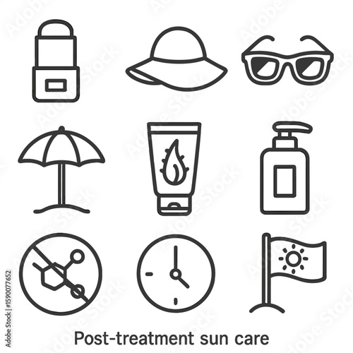 Post-Treatment Sun Care Icons. Line style icons of Post-Treatment Sun Care: mineral SPF stick, wide-brim hat icon, polarized