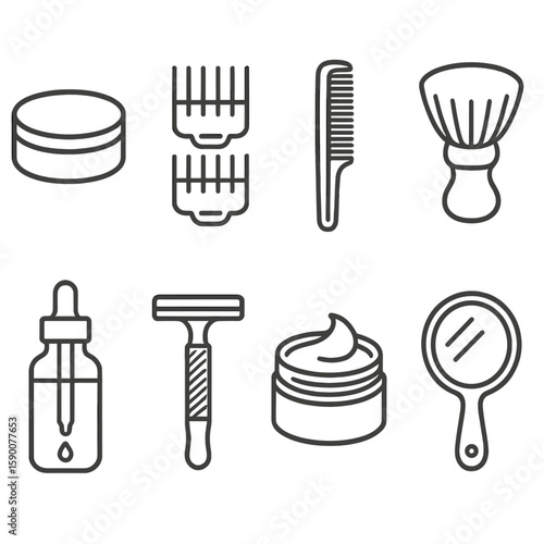 Men's Grooming Icons. Line style icons of Men’s Grooming Corner: matte pomade tin, clipper guard set, fade comb, soft neck duster,