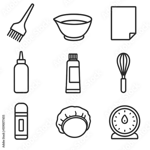 Hair Coloring Supplies Icons. Line style icons of Hair Coloring Supplies: tint brush, mixing tint bowl, foil sheet, peroxide
