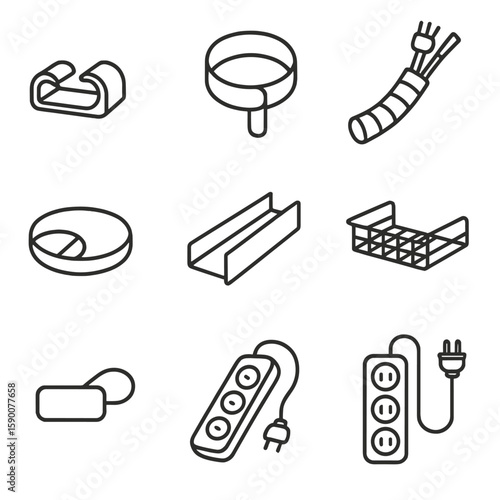 Cable Management Icons. Line style icons of Cable Management Tools: cable clip, velcro tie, cable sleeve, desk grommet, cord