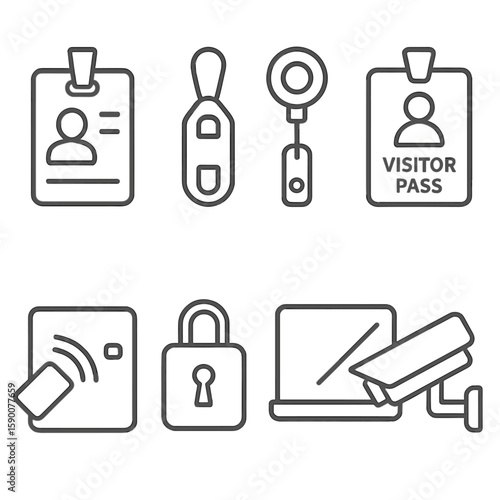 Security Icons Set. Line style icons of Security & ID Station: ID badge, lanyard clip, badge reel, visitor pass, keycard reader,