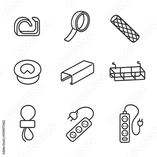 Cable Management Icons. Line style icons of Cable Management Tools: cable clip, velcro tie, cable sleeve, desk grommet, cord