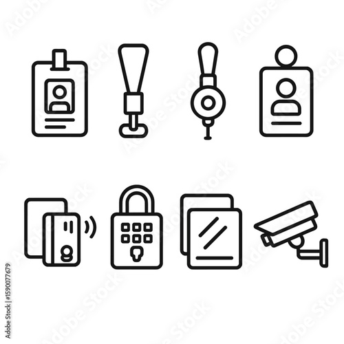 Security Icons Set. Line style icons of Security & ID Station: ID badge, lanyard clip, badge reel, visitor pass, keycard reader,