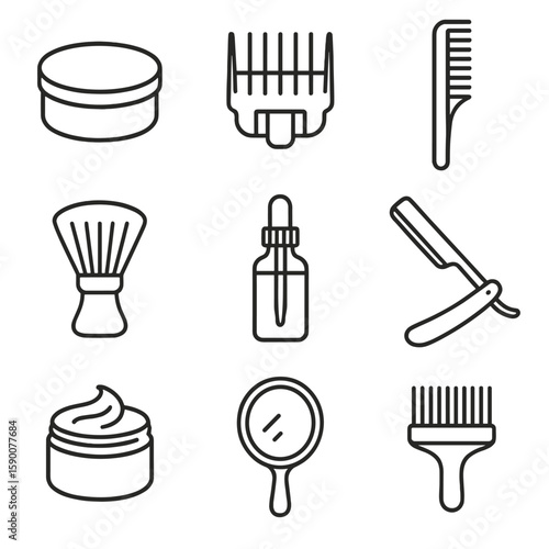 Men's Grooming Icons. Line style icons of Men’s Grooming Corner: matte pomade tin, clipper guard set, fade comb, soft neck duster,
