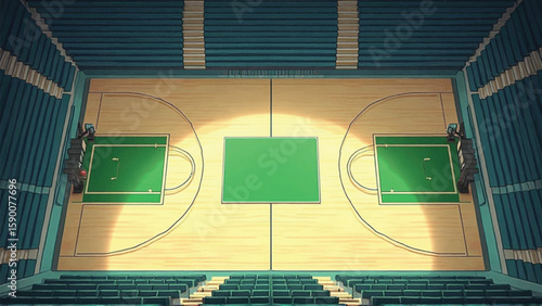 Aerial view showcases an indoor basketball court, complete with hoops, wooden flooring and seating in an arena.