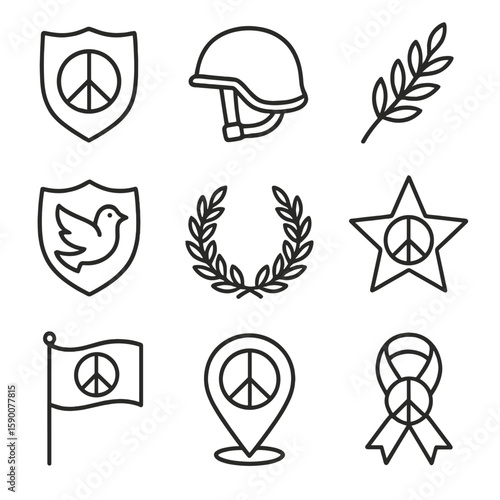 Peacekeeper Symbols Icons. Line style icons of Peacekeeper Badge Designs: shield badge, helmet icon, olive branch overlay, dove