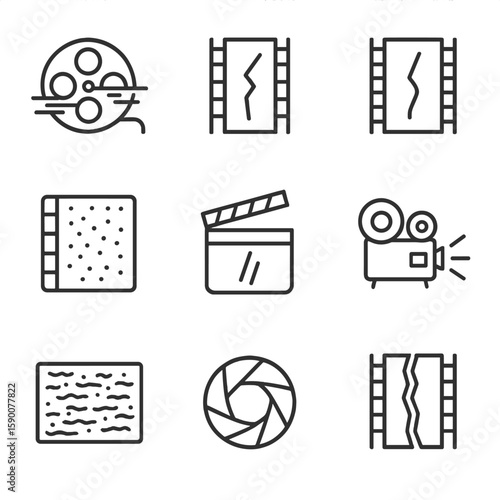Film Glitch Icons. Line style icons of Film Grain & Glitch Artifacts: film reel glitch, sprocket skip, film scratch, grain overlay