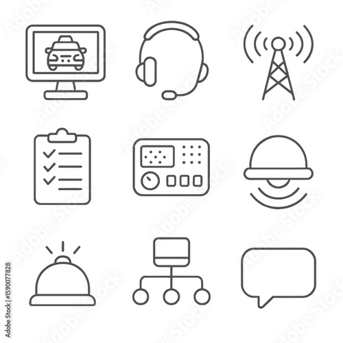 Taxi Dispatch Icons. Line style icons of Taxi Dispatch & Control: dispatch console, headset mic, radio tower, schedule sheet,
