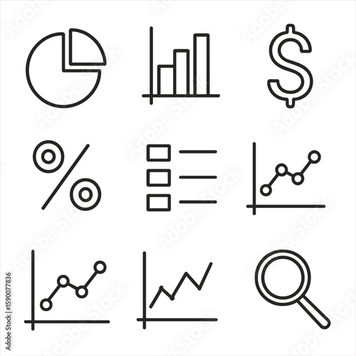 Taxi Fare Visualization. Line style icons of Taxi Fare Breakdown Chart: pie chart, bar graph, dollar sign, percent symbol, legend