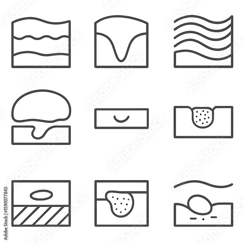 Ice-Bedrock Interaction Icons. Line style icons of Ice–Bedrock Interaction: basal ice layer, ice wedge cast, flow banding,