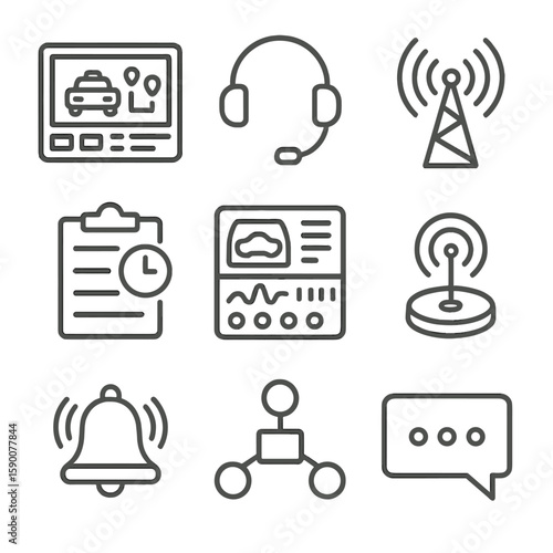 Taxi Dispatch Icons. Line style icons of Taxi Dispatch & Control: dispatch console, headset mic, radio tower, schedule sheet,