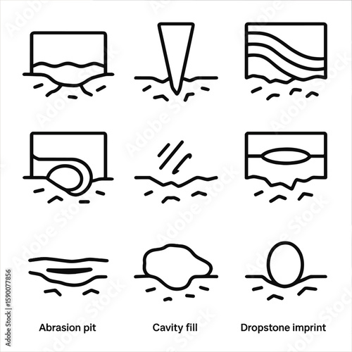 Ice-Bedrock Interaction Icons. Line style icons of Ice–Bedrock Interaction: basal ice layer, ice wedge cast, flow banding,