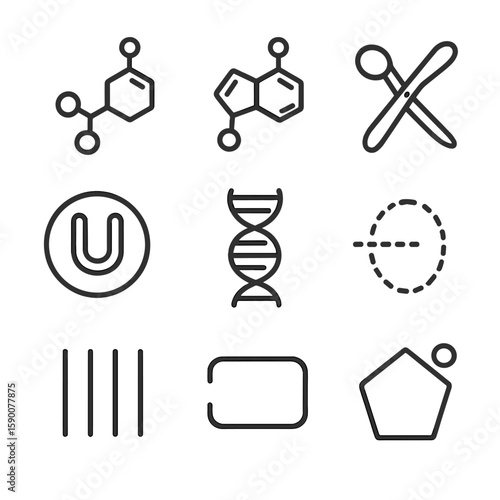 Base Editing Tools Icons. Line style icons of Base Editing Tools: cytidine deaminase, adenosine deaminase, Cas9 nickase, uracil
