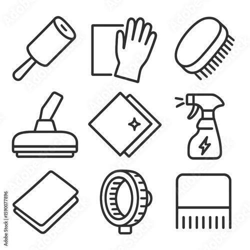 Lint Removal Tools. Line style icons of Lint & Pet Hair Removal: lint roller, adhesive sheet, rubber glove, soft-bristle brush,