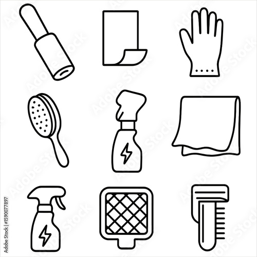 Lint Removal Tools. Line style icons of Lint & Pet Hair Removal: lint roller, adhesive sheet, rubber glove, soft-bristle brush,