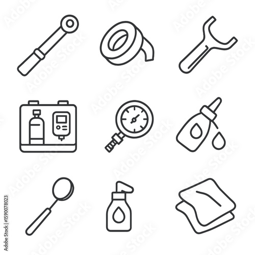 Gas Cylinder Tool Icons. Line style icons of Gas Cylinder Maintenance Tools: torque wrench, thread seal tape, brush cleaner, valve