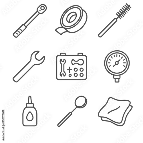 Gas Cylinder Tool Icons. Line style icons of Gas Cylinder Maintenance Tools: torque wrench, thread seal tape, brush cleaner, valve
