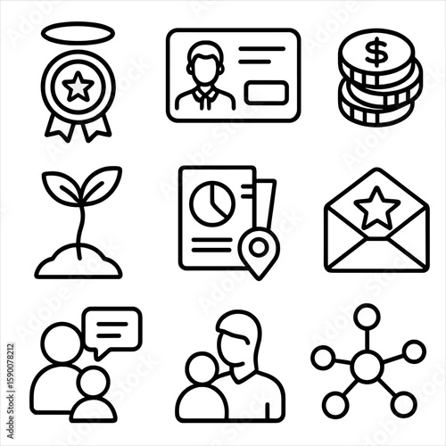 Angel Investor Icons. Line style icons of Angel Investor Network: halo-rated badge, investor profile card, gold coin stack,