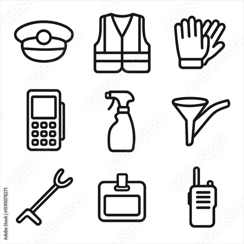 Station Staff Tools Icons. Line style icons of Station Staff Uniform & Tools: service cap, reflective vest, service gloves,