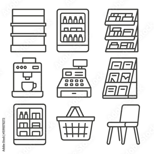 Convenience Store Icons. Line style icons of Convenience Store Layout: display shelves, refrigerated cooler, snack rack, coffee