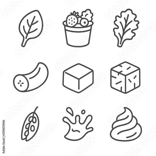 Frozen Smoothie Icons. Line style icons of Frozen Smoothie Packs: spinach leaf, berry blend cup, kale leaf, banana piece, mango