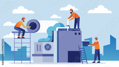 A team of technicians working on a rooftop installing an intricate duct system to efficiently distribute air throughout the building.. Vector illustration