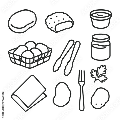 Chicken Nugget Icons. Line style icons of Chicken Nuggets Platter: chicken nugget, breaded nugget half, ketchup dip cup, BBQ sauce