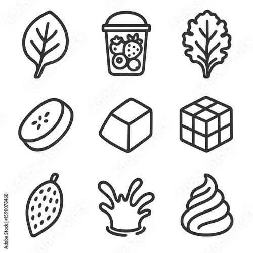 Frozen Smoothie Icons. Line style icons of Frozen Smoothie Packs: spinach leaf, berry blend cup, kale leaf, banana piece, mango