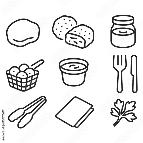 Chicken Nugget Icons. Line style icons of Chicken Nuggets Platter: chicken nugget, breaded nugget half, ketchup dip cup, BBQ sauce
