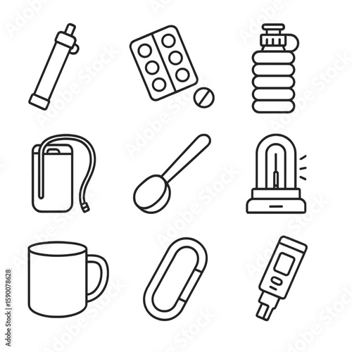 Water Safety Icons. Line style icons of Water Safety & Purification: water filter straw, purification tablets, collapsible water