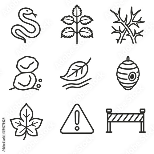 Hazard Recognition Icons. Line style icons of Hazard Recognition: snake silhouette, nettle plant, thorn bush, unstable rock,
