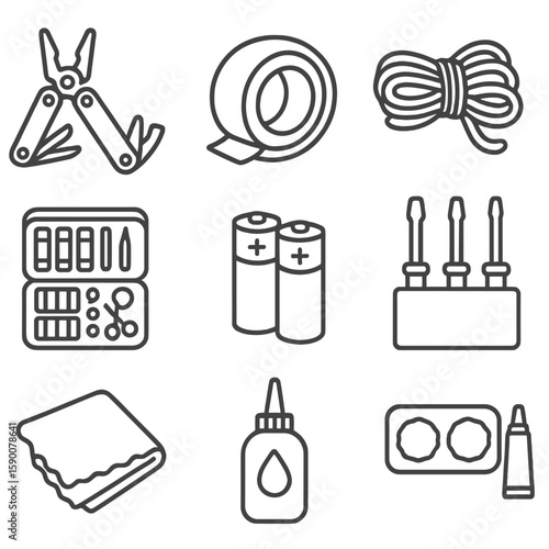 Gear Maintenance Essentials. Line style icons of Gear Maintenance Kit: multi-tool, duct tape roll, paracord bundle, sewing repair